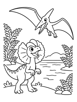 A friendly Dilophosaurus and flying pterosaur in this cute dinosaurs coloring page.