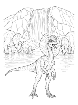 A frilled Dilophosaurus stands near Triceratops at a waterfall on this dinosaurs coloring page.
