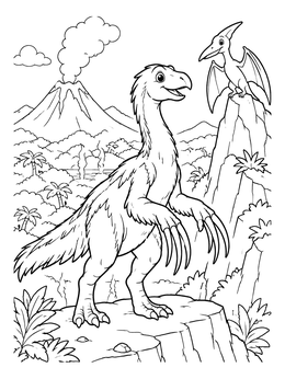 A friendly therizinosaurus and pterosaur in this dinosaurs coloring page.