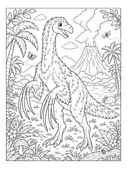 Free printable Friendly Therizinosaurus Near An Active Volcano coloring page