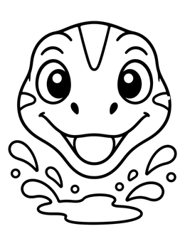 A cheerful dinosaurs coloring page showing a smiling baby raptor splashing in a puddle.