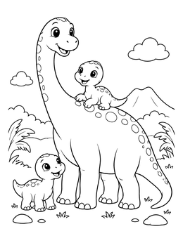 A friendly mother brachiosaurus and her babies in a dinosaurs coloring page.