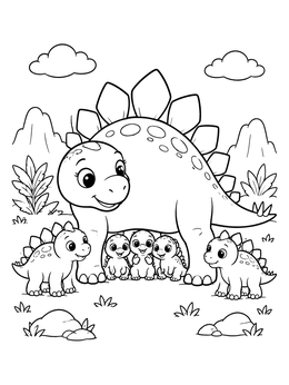 A friendly mother dinosaur and her babies featured in this dinosaurs coloring page.
