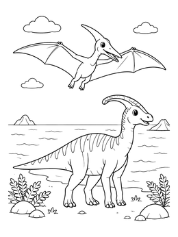 A cheerful dinosaurs coloring page with a Parasaurolophus on a beach and a Pterodactyl flying overhead.