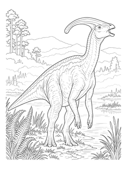 A detailed Parasaurolophus standing by water on this dinosaurs coloring page.