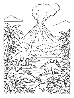 Dinosaurs near a river in this volcano coloring page featuring lush jungle.