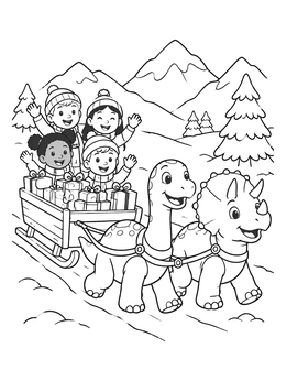 Kids ride a sleigh full of gifts in this christmas dinosaur coloring page.