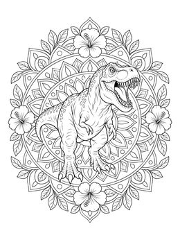 A detailed dinosaurs coloring page featuring a roaring T-rex inside an ornate floral mandala.