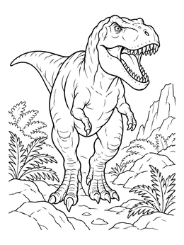 A fierce T-rex roars among rocks and ferns in this dinosaurs coloring page.