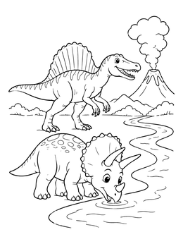 A friendly Spinosaurus and Triceratops near a river in this dinosaurs coloring page.