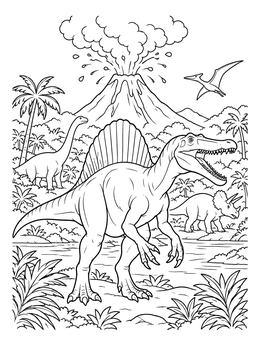 A ferocious Spinosaurus roams a prehistoric valley in this dinosaurs coloring page.
