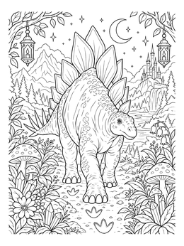 A detailed dinosaurs coloring page featuring a Stegosaurus walking under lanterns and a crescent moon.