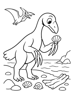 A friendly therizinosaurus examining a seashell on this dinosaurs coloring page.