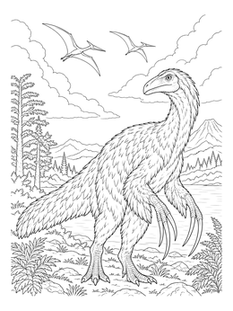 A feathered Therizinosaurus and flying pterosaurs feature in this detailed dinosaurs coloring page.