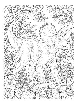 A detailed Triceratops stands among tropical flowers in this dinosaurs coloring page.