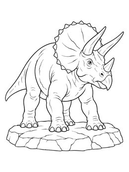 A detailed dinosaurs coloring page featuring a horned Triceratops resting firmly on a stone base.