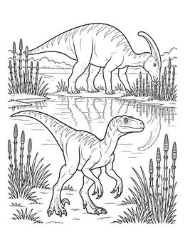 A realistic dinosaurs coloring page featuring a Velociraptor and a Parasaurolophus in a marshland.