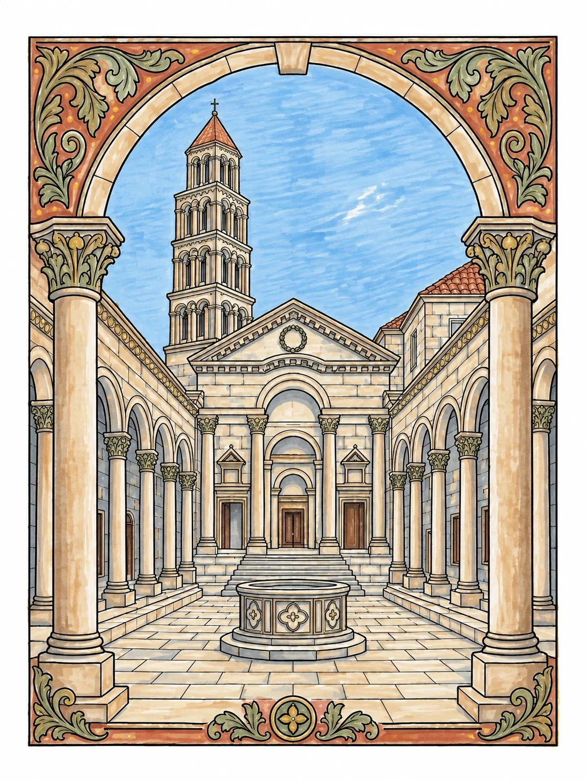 Colored example of the Diocletian Palace Peristyle In Split coloring page