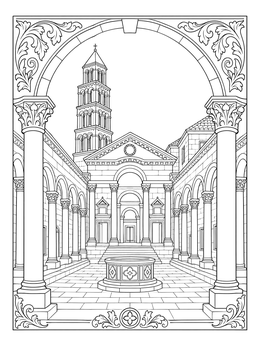 Historic Diocletian Palace peristyle courtyard on a detailed croatia coloring page.