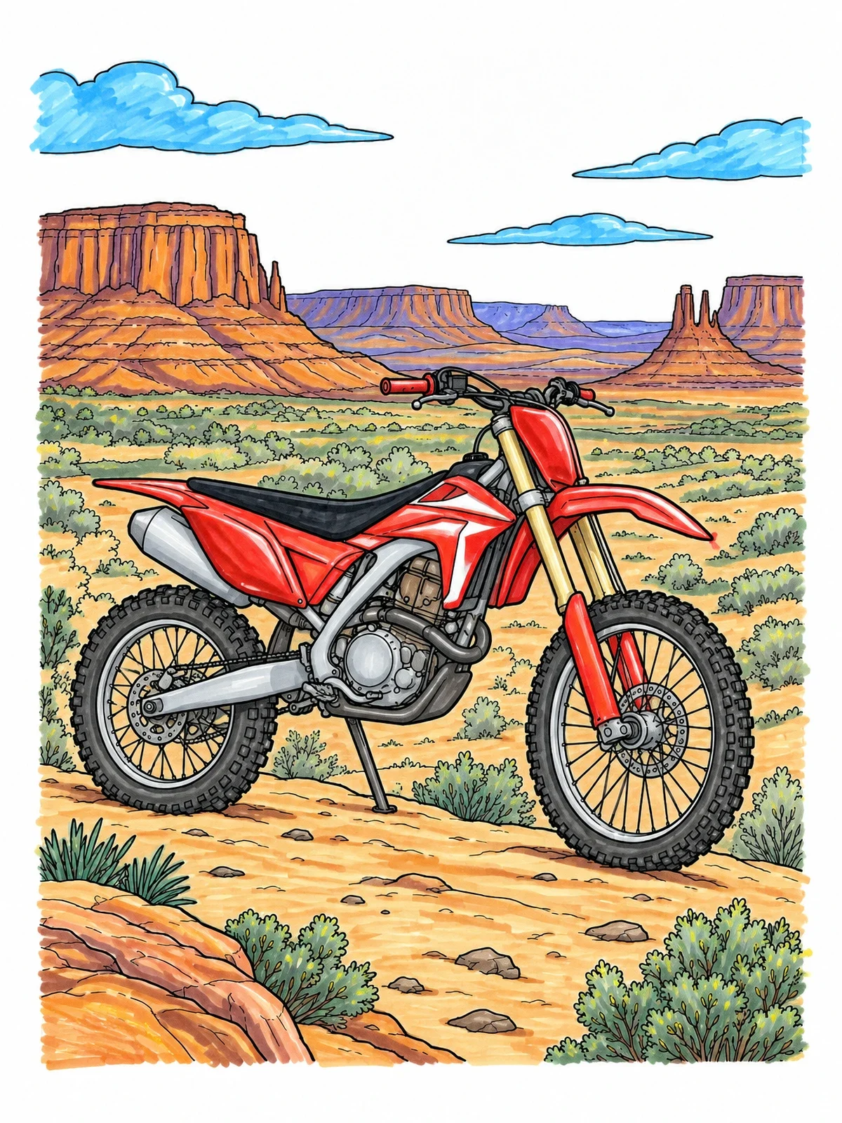 Colored example of the Dirt Bike In Desert Valley coloring page