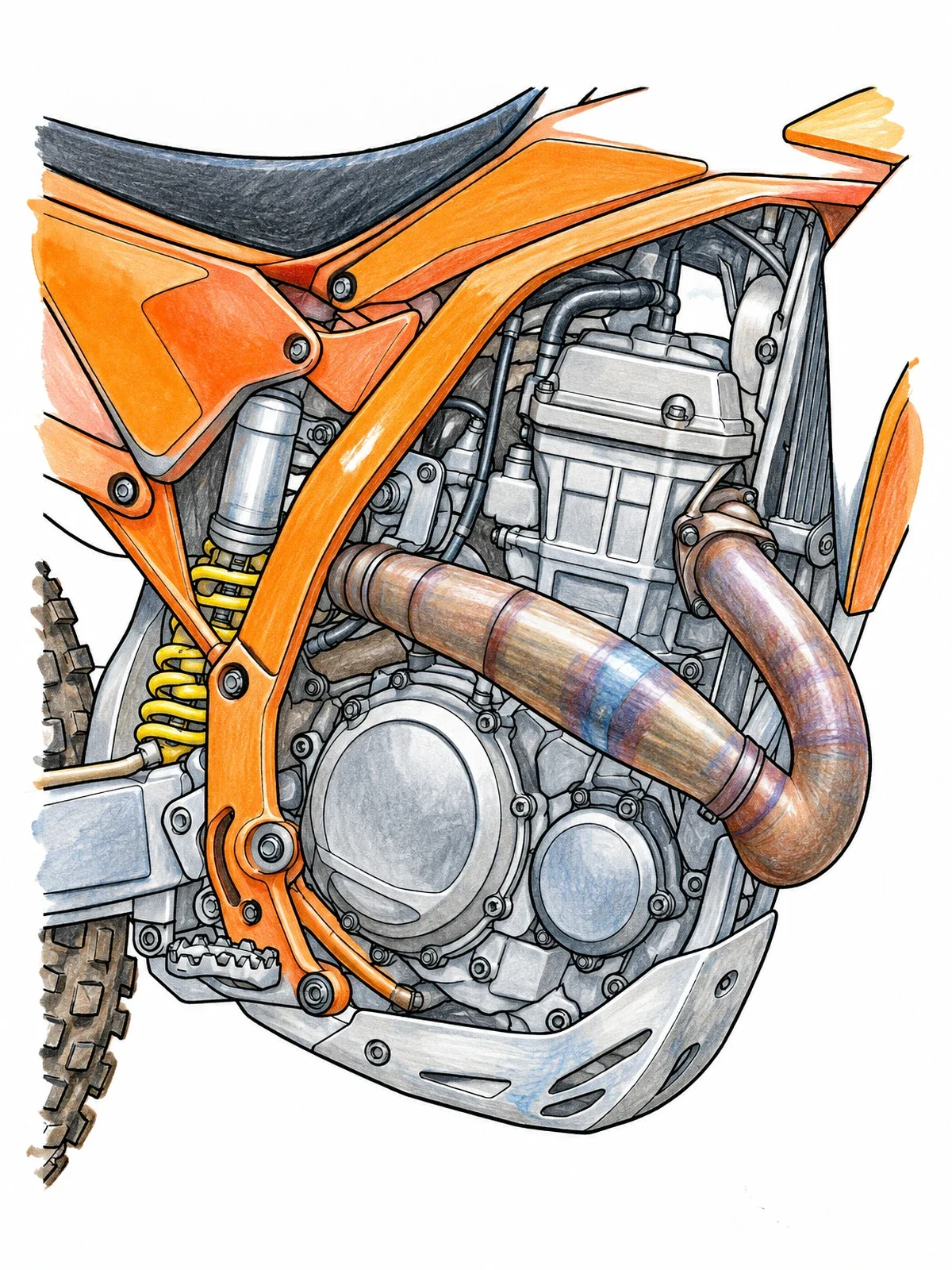 Colored example of the Detailed Dirt Bike Engine Close Up coloring page