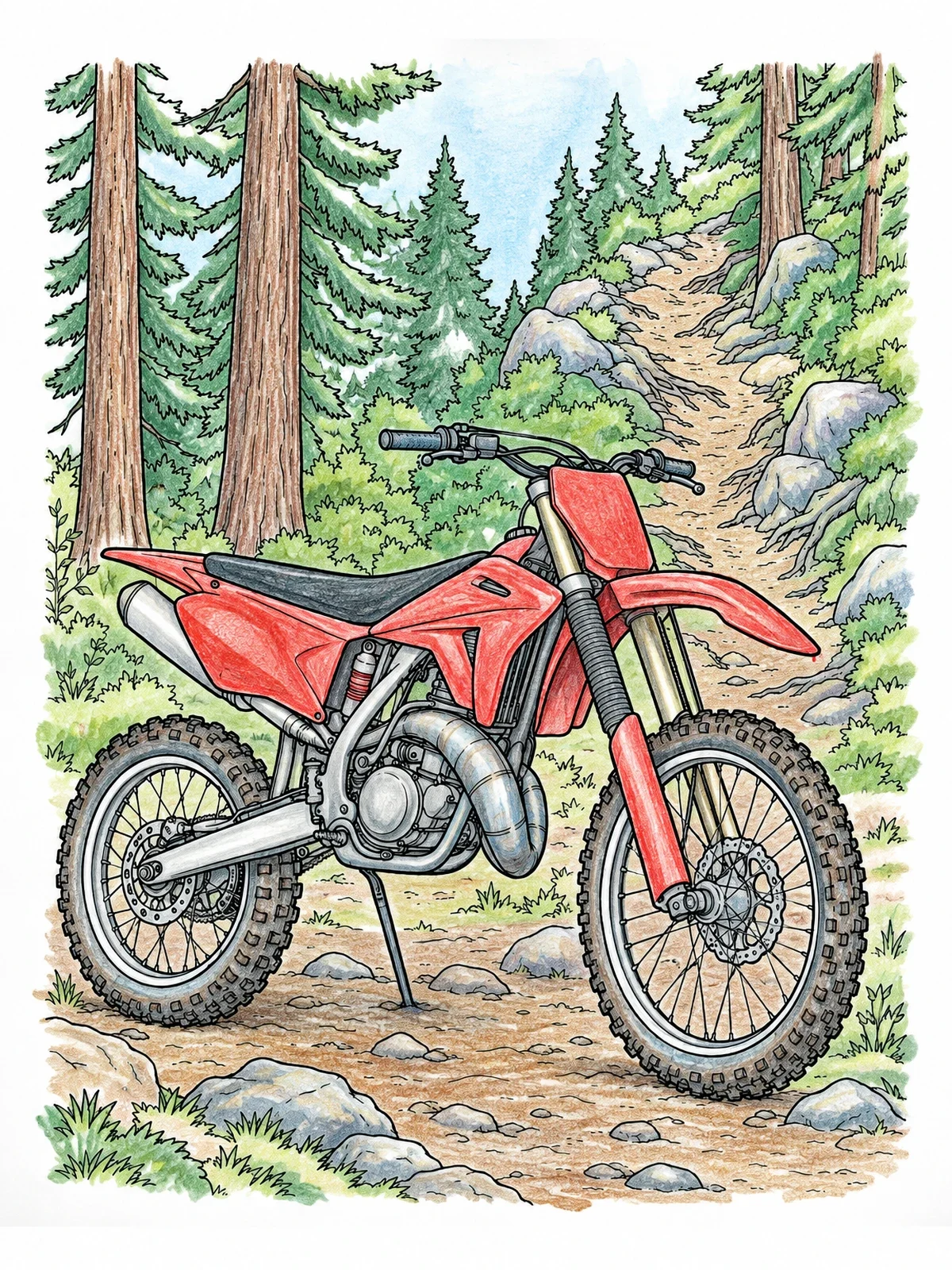 Colored example of the Dirt Bike On A Forest Trail coloring page