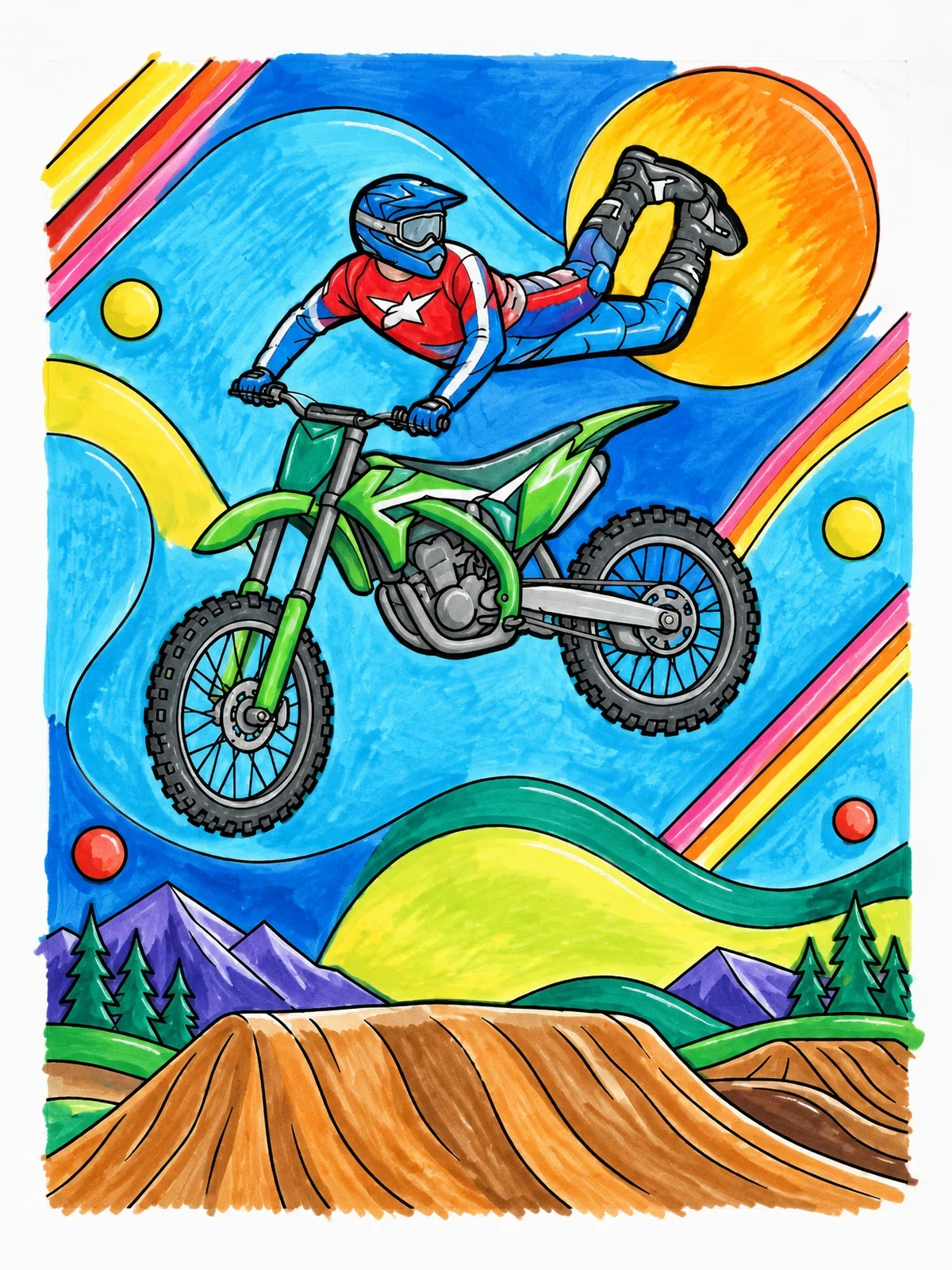 Colored example of the Freestyle Motocross Rider Mid Air Stunt coloring page