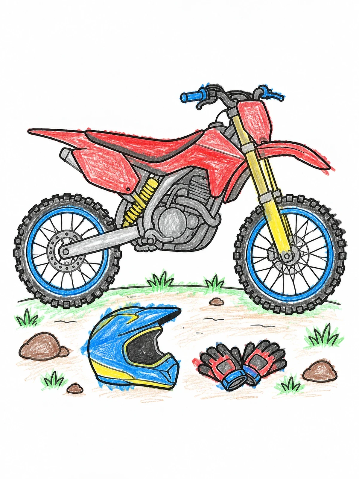 Colored example of the Dirt Bike With Helmet And Gloves coloring page