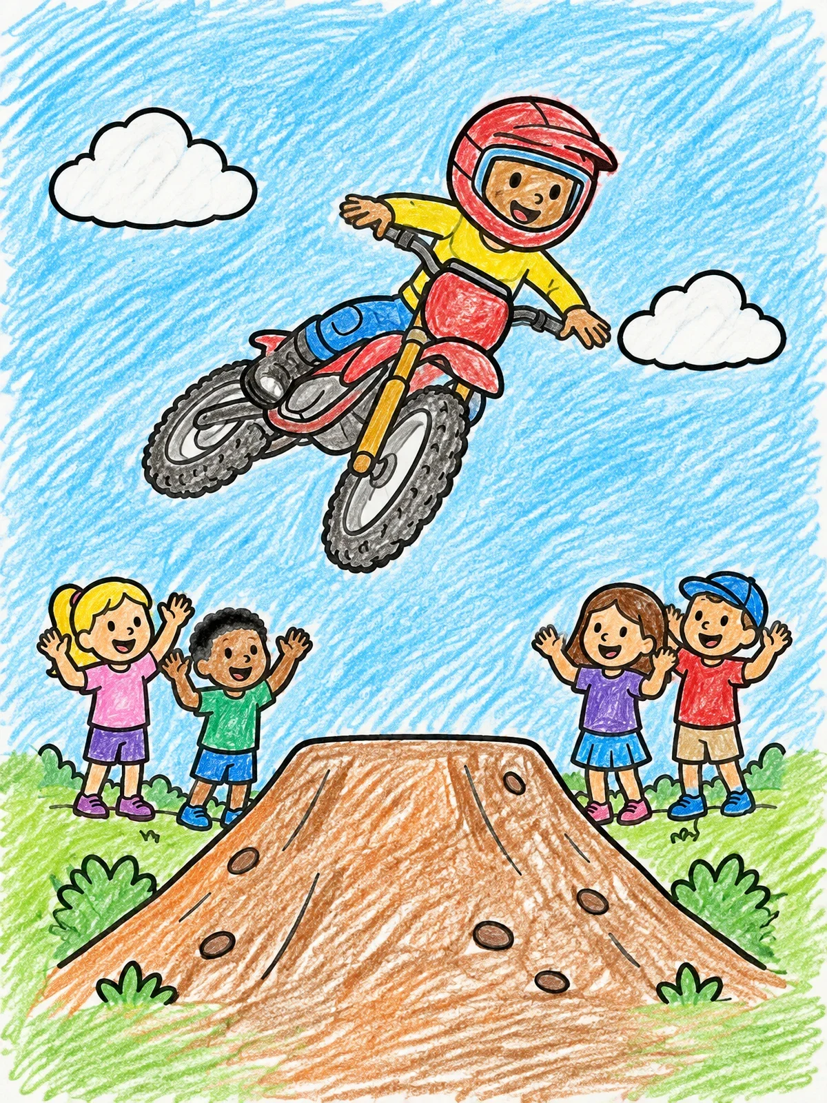 Colored example of the Dirt Bike Rider Jumping Over Ramp coloring page