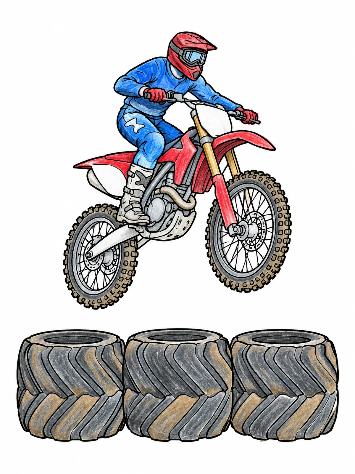 Colored example of the Motocross Rider Jumping Over Giant Tires coloring page