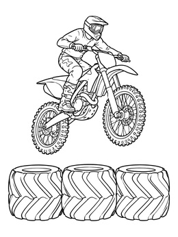 Free printable Motocross Rider Jumping Over Giant Tires coloring page