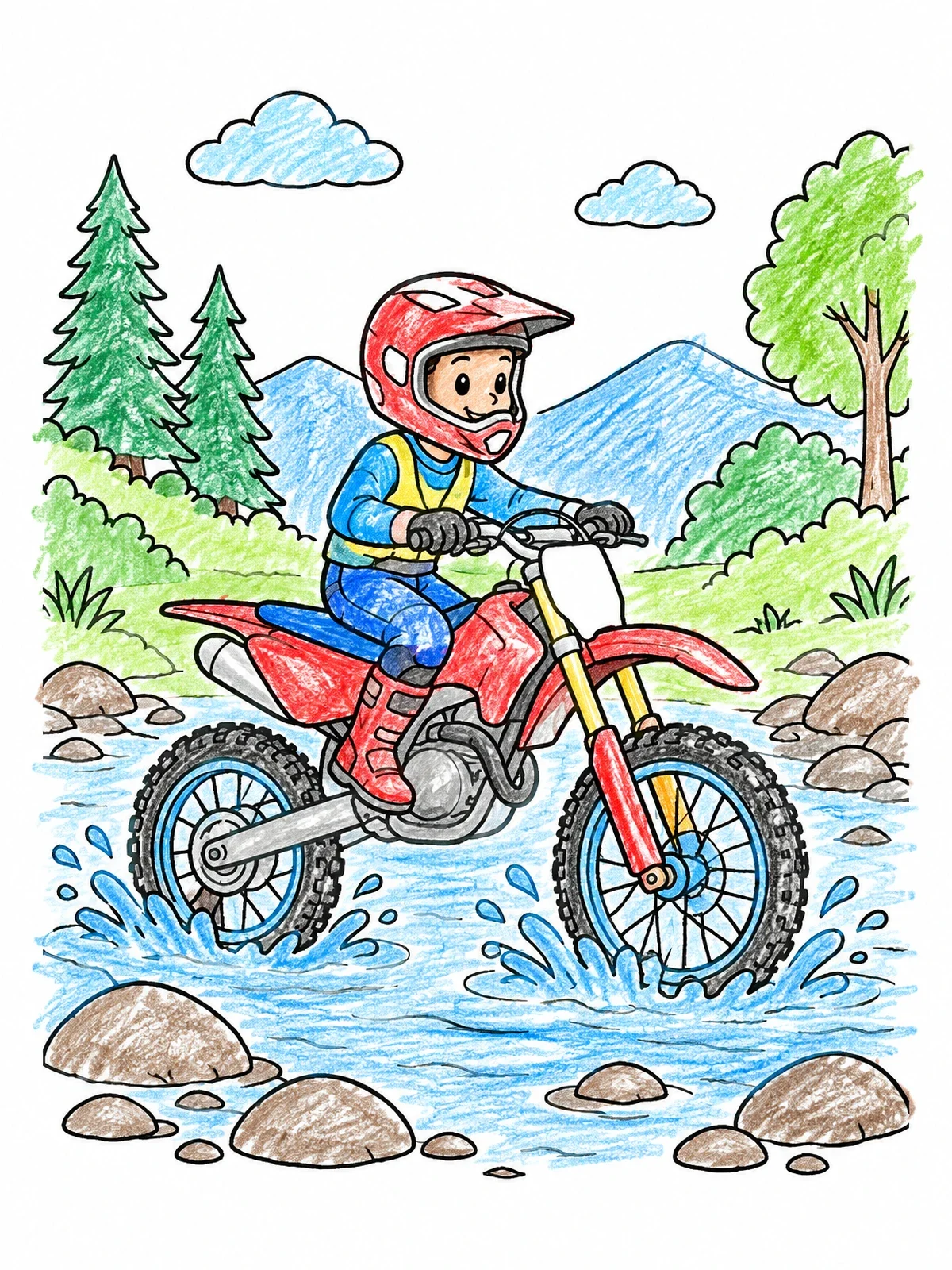 Colored example of the Young Rider Splashing Through Stream coloring page