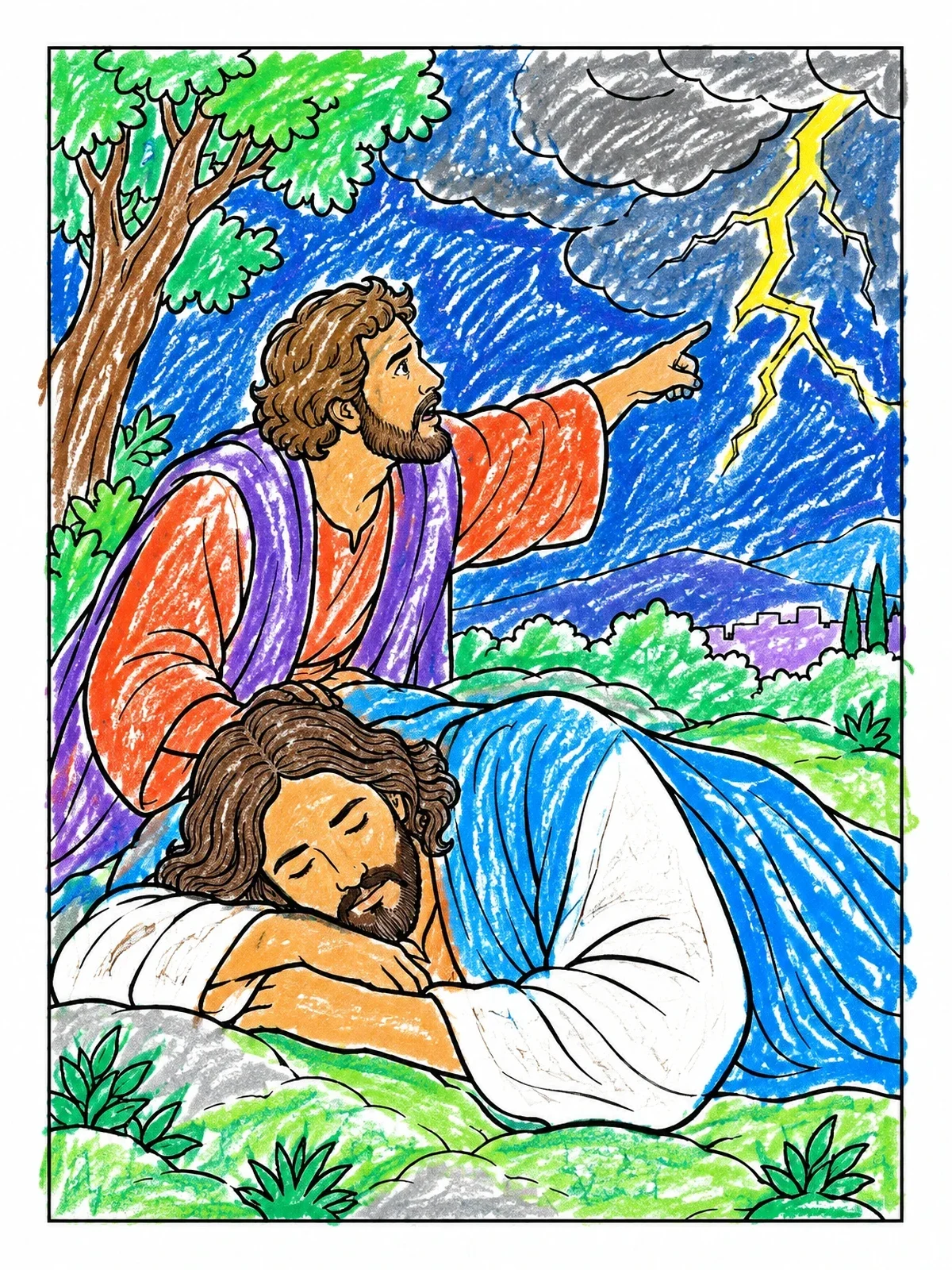 Colored example of the Disciple Points To Lightning Above Sleeping Jesus coloring page