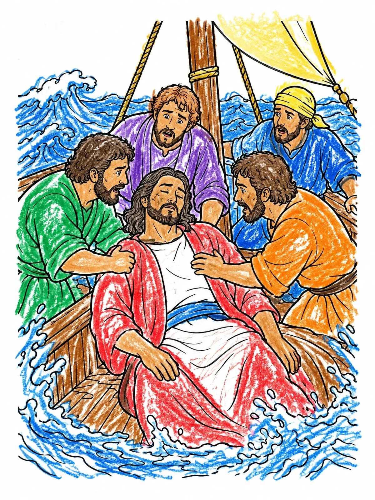 Colored example of the Disciples Waking Sleeping Jesus At Sea coloring page
