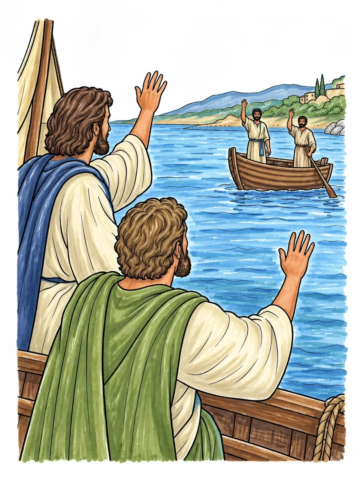 Colored example of the Disciples Waving Across The Water coloring page