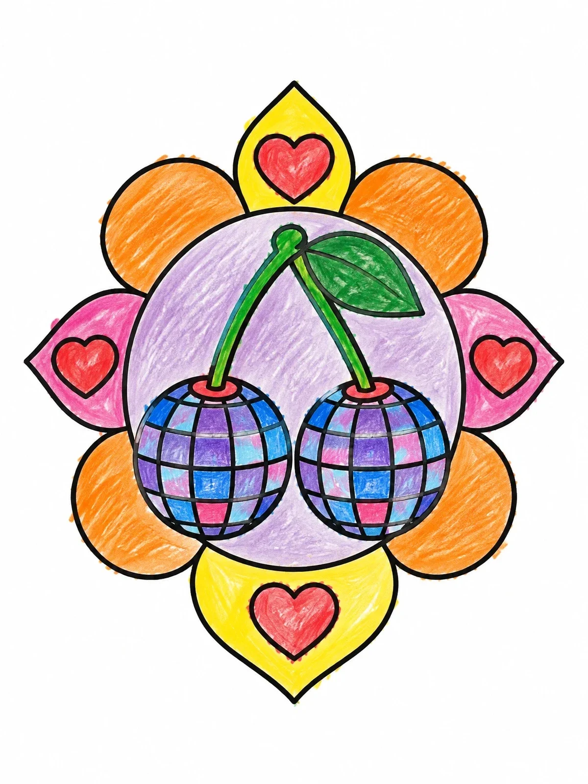 Colored example of the Disco Ball Cherries In Floral Heart Frame coloring page