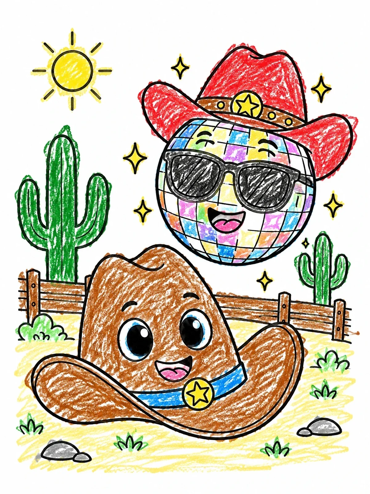 Colored example of the Disco Ball And Happy Cowboy Hat coloring page