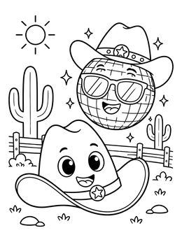 Free printable Disco Ball And Happy Cowboy Hat coloring page