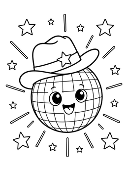 A cheerful disco ball wearing a cowboy hat coloring page surrounded by stars and light beams.