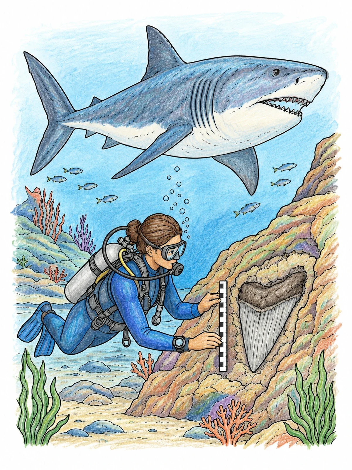 Colored example of the Diver Discovering Giant Megalodon Tooth coloring page