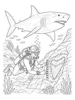 Free printable Diver Discovering Giant Megalodon Tooth coloring page
