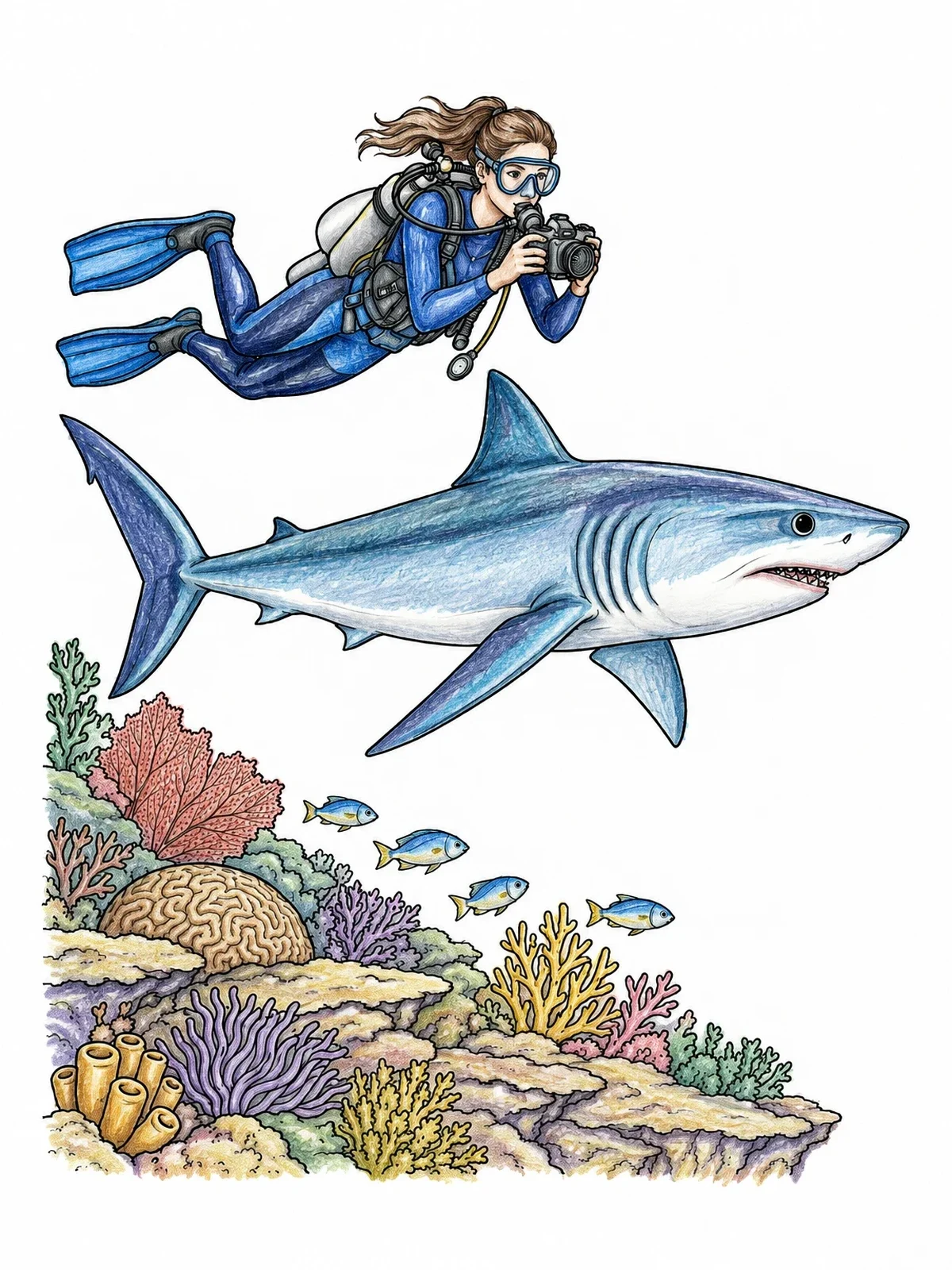 Colored example of the Scuba Diver Photographing Mako Shark coloring page