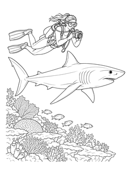 A mako shark coloring page featuring a diver with a camera swimming above a rich coral reef.