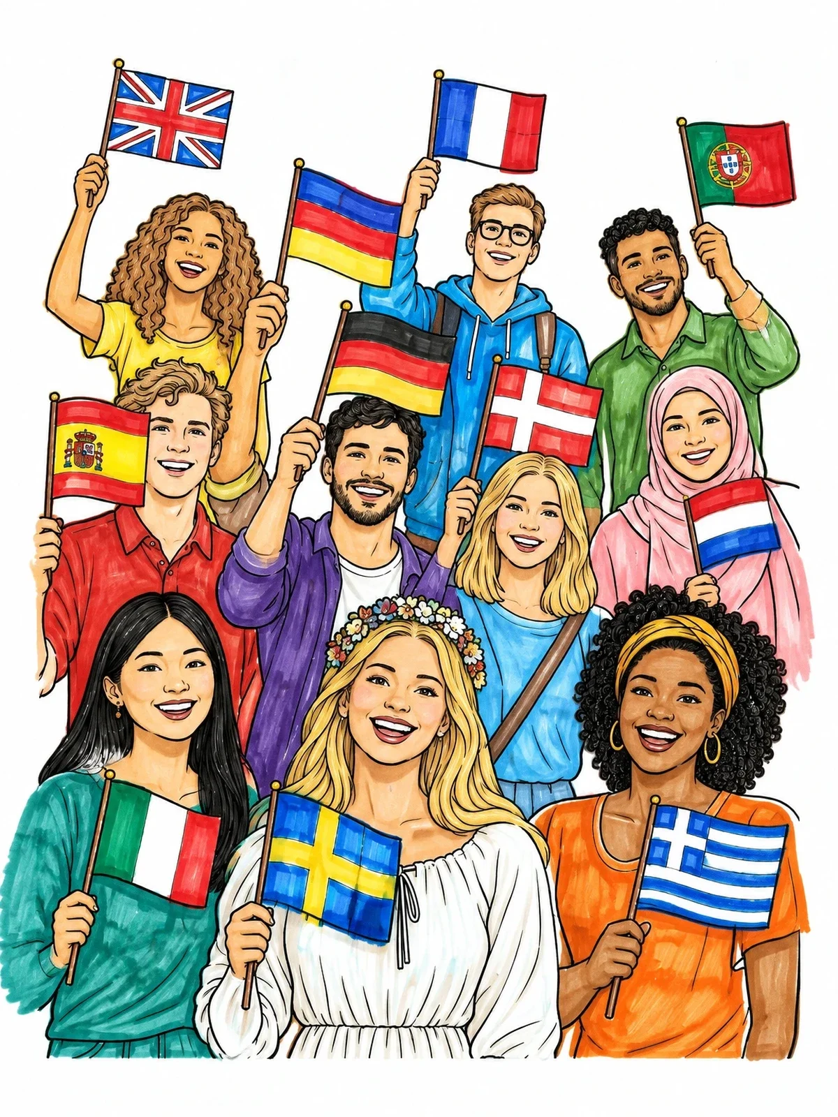 Colored example of the Diverse Crowd Waving European Flags coloring page