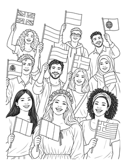 Free printable Diverse Crowd Waving European Flags coloring page