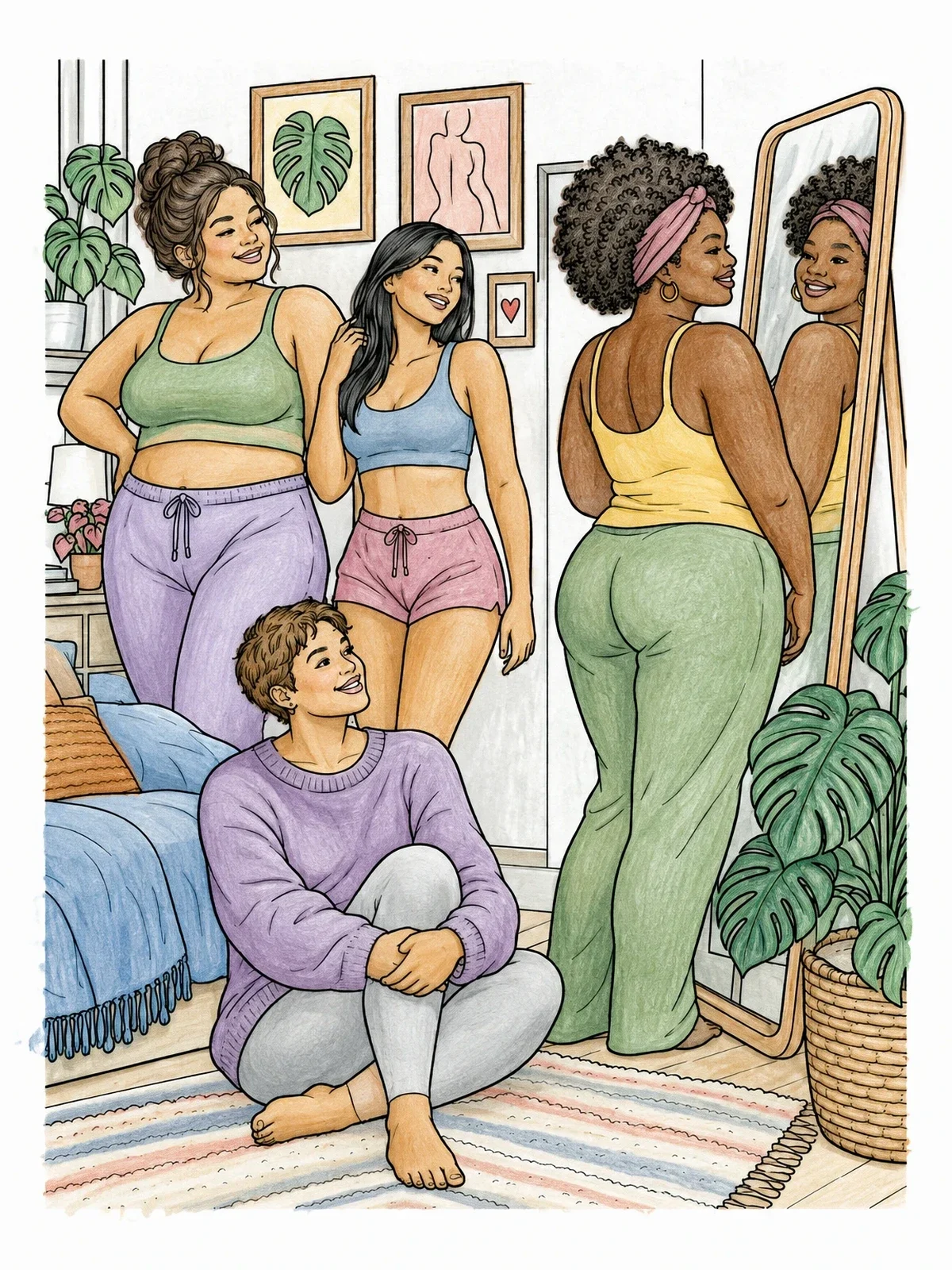 Colored example of the Friends Celebrating Body Diversity In Bedroom coloring page