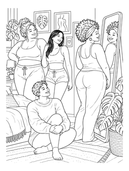 A group of diverse women smiling together in a bedroom on this body positive coloring page.