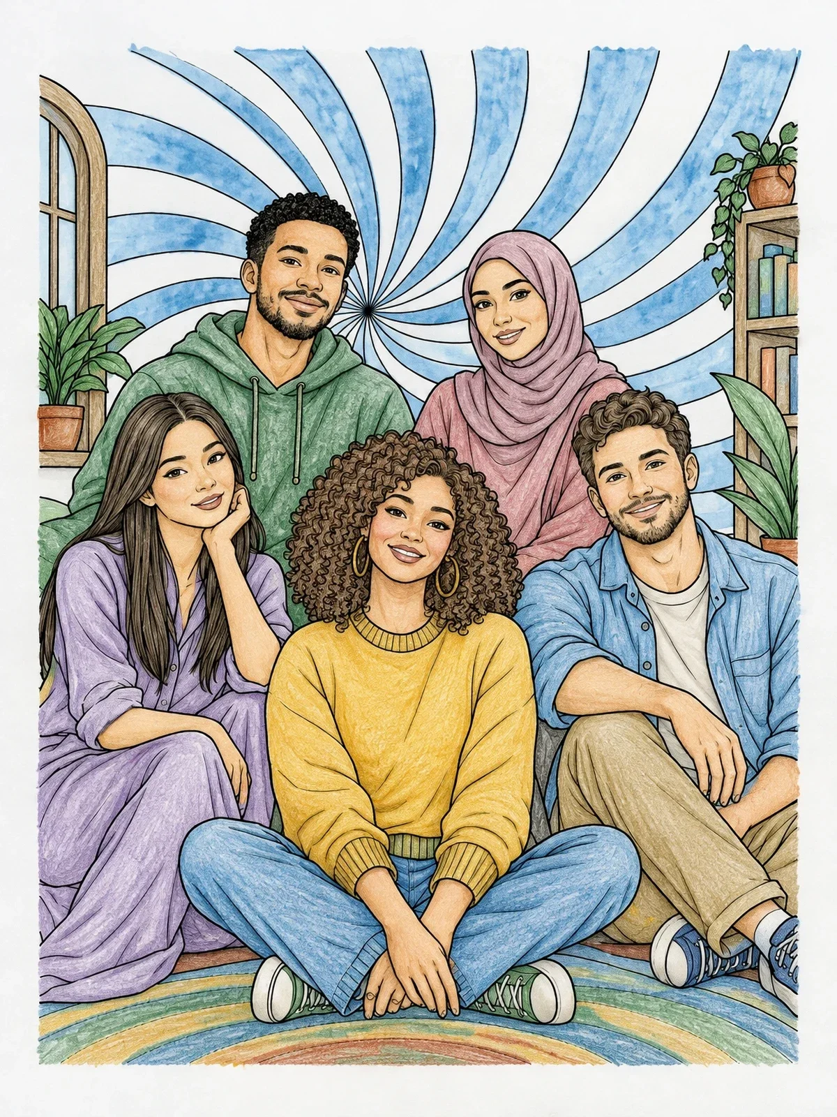 Colored example of the Friends Before A Hypnotic Swirl coloring page