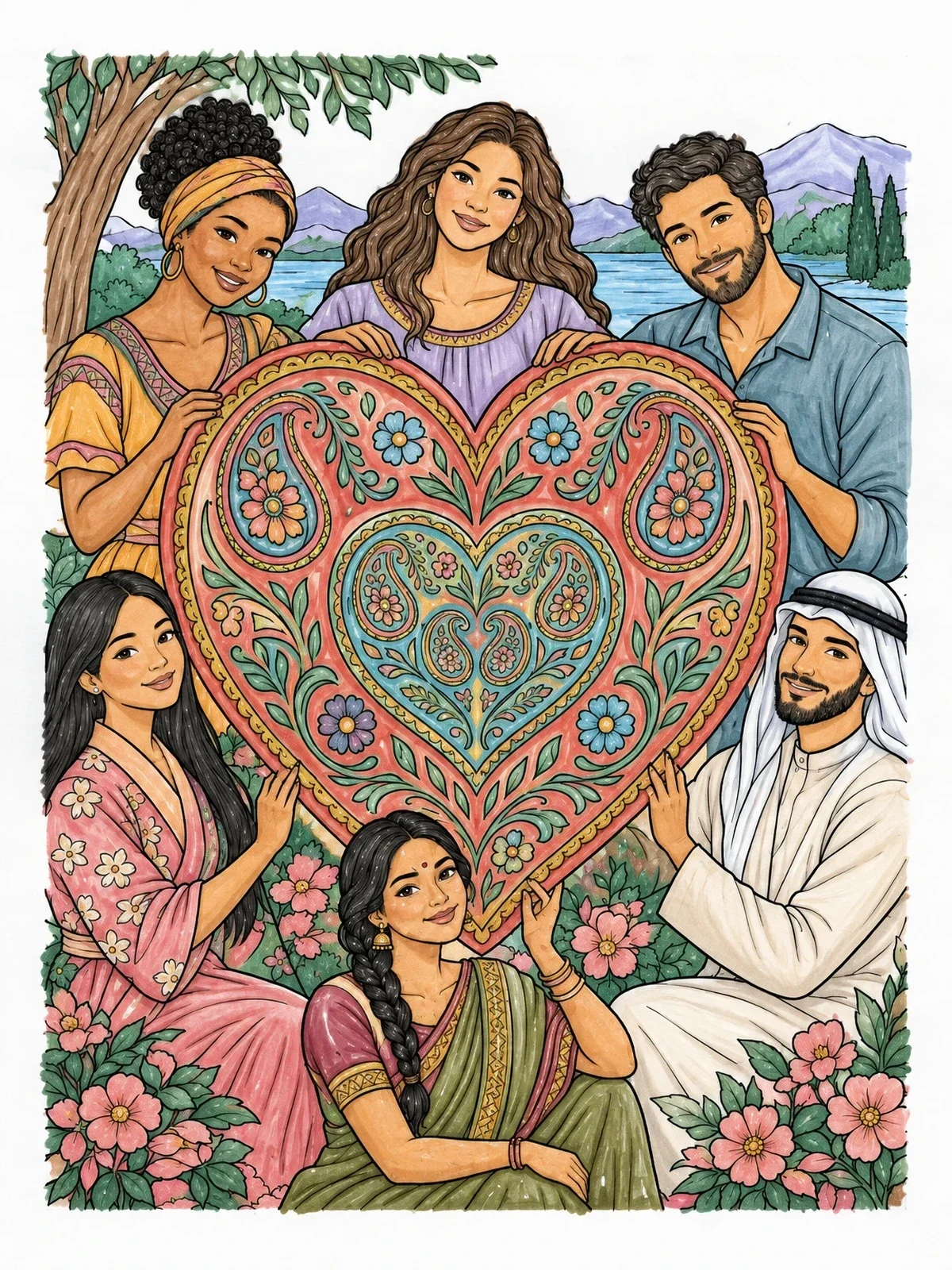 Colored example of the Diverse Friends Holding Paisley Heart coloring page