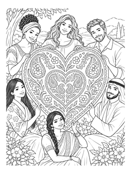 A group of diverse friends surrounds a large decorative paisley heart coloring page in nature.